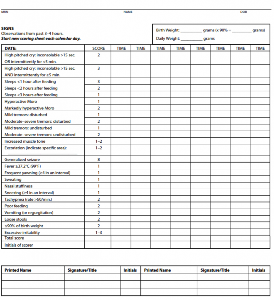 printable chart sleep (NAS)  Syndrome Abstinence NCPOEP Neonatal